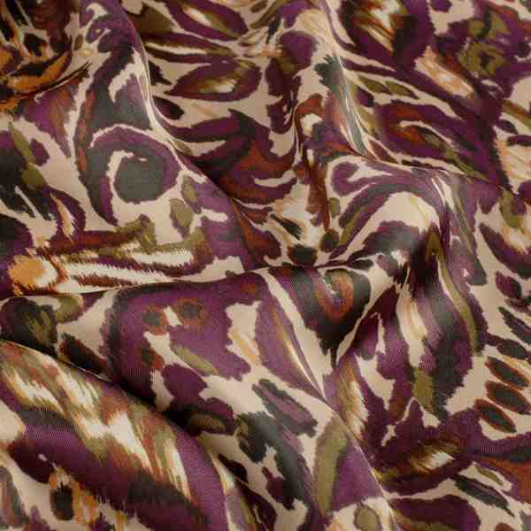 TISSU POLYESTER SATIN IMPRIMÉ PRUNE KAKI