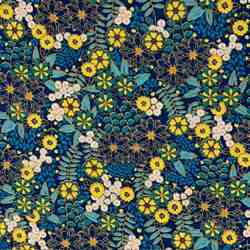 TISSU COTON FLEURS LILY BLEU JAUNE