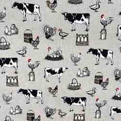 TOILE ASPECT LIN LA CAMPAGNE VACHES ET POULES