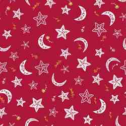 TISSU COTON ETOILE ET LUNE DE NOEL ROUGE BLANC OR
