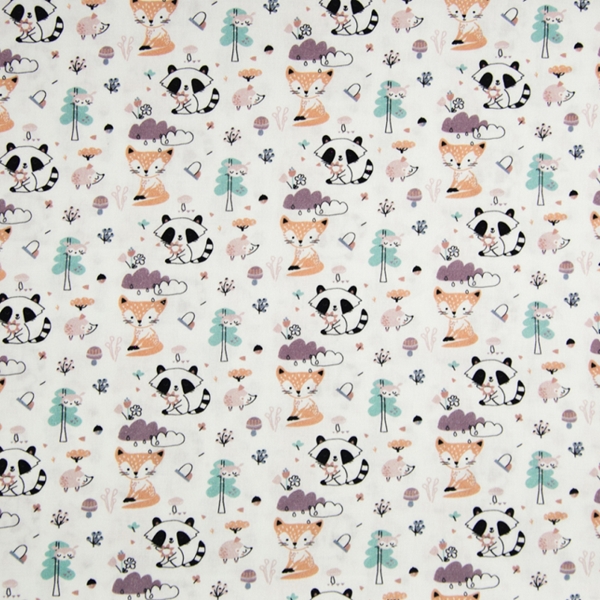 TISSU COTON IMPRIME ANIMAUX DE LA FORET FOND BLANC