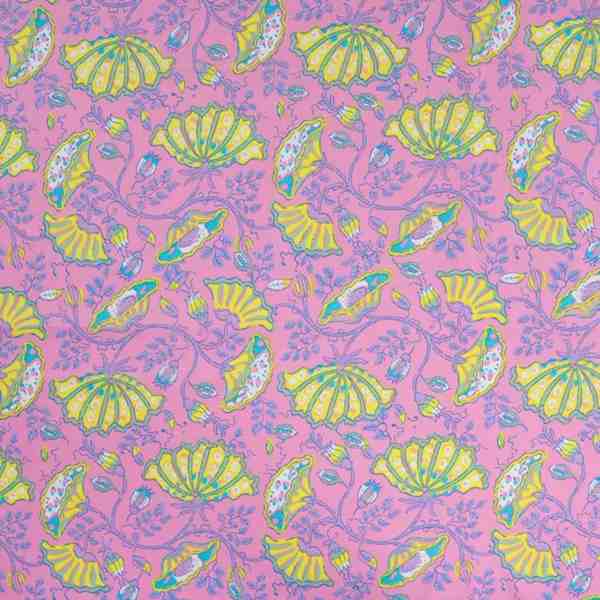 TISSU COTON IMPRIMÉ FLEURS COQUILLAGES FOND ROSE