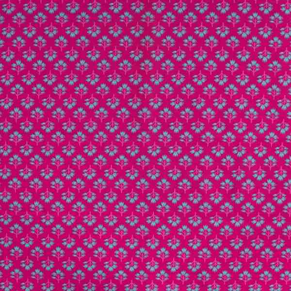 TISSU COTON IMPRIMÉ MOTIFS FLORAUX ROSE TURQUOISE