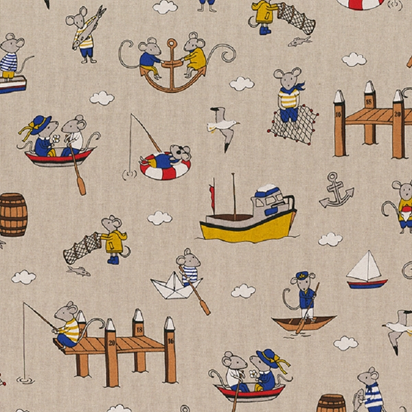 TISSU TOILE ASPECT LIN LES SOURIS A LA MER