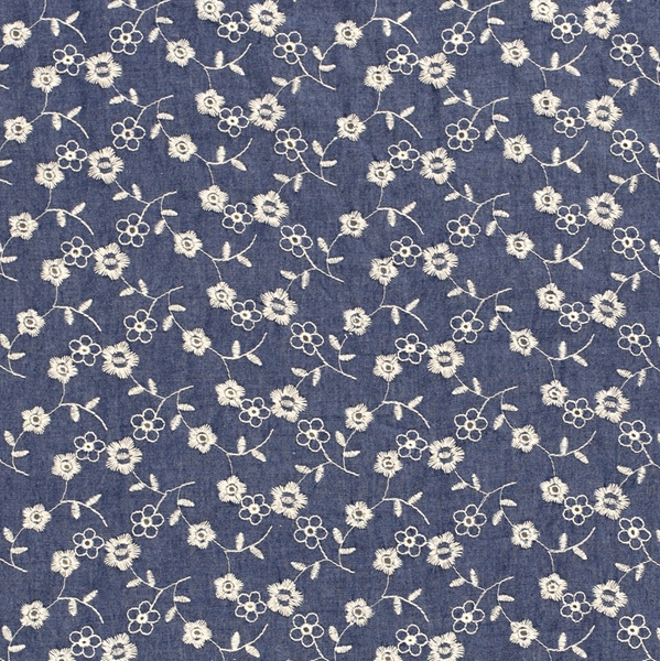 TISSU CHAMBRAY JEAN INDIGO BRODERIE MARGUERITTE