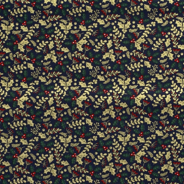 TISSU COTON BRANCHE DE NOEL BLEU MARINE ET OR