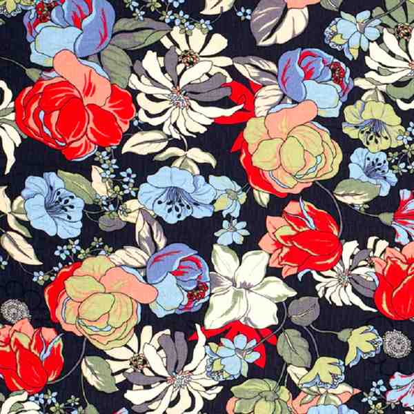 TISSU CREPON VISCOSE BOUQUET DE FLEUR BLEU MARINE