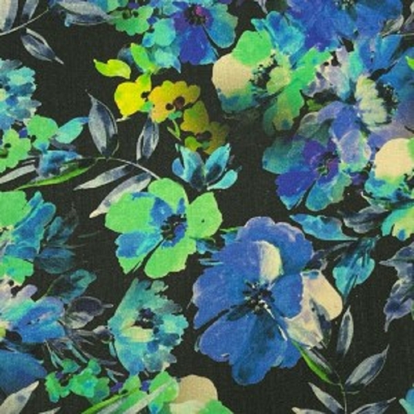 TISSU LIN VISCOSE BOUQUET DE FLEURS FOND NOIR