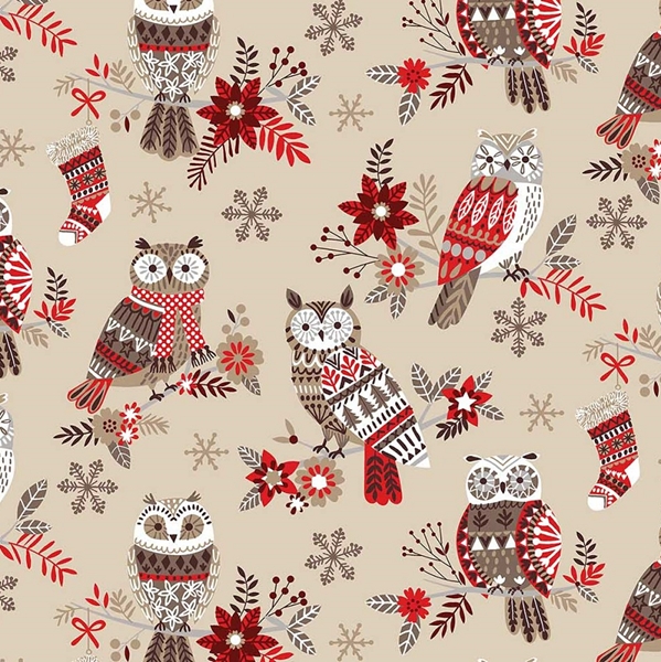 TISSU COTON HIBOU D'HIVER BEIGE ROUGE