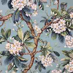 TISSU TOILE BACHETTE BRANCHE ET FLEUR FOND BLEU