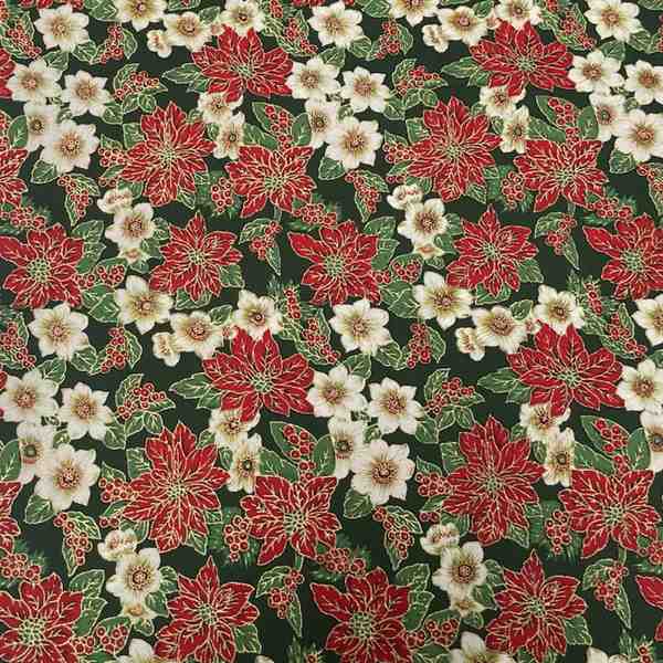 TISSU COTON FLEURS DE NOËL POINSETTIA FOND VERT