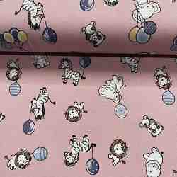 TISSU JERSEY COTON ANIMAUX BALLONS ROSE