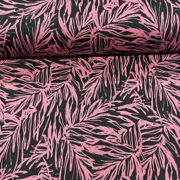 TISSU SATIN COTON FEUILLAGE ROSE