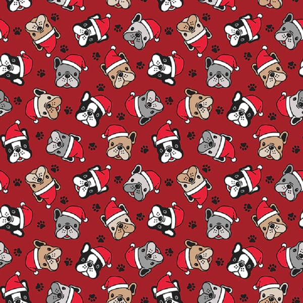 TISSU JERSEY CHIEN BOULEDOGUE DE NOEL ROUGE
