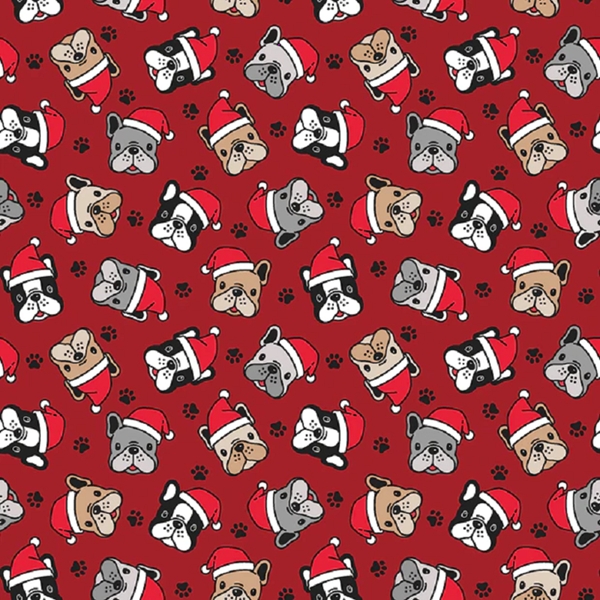 TISSU NOEL JERSEY CHIEN BOULEDOGUE ROUGE