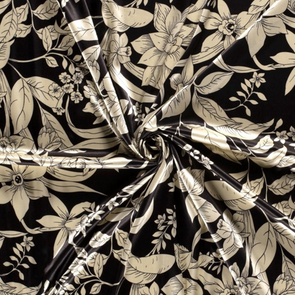 TISSU SATIN NOIR FLEUR BEIGE