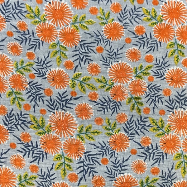 TISSU COTON FLEURETTE ORANGE FOND GRIS