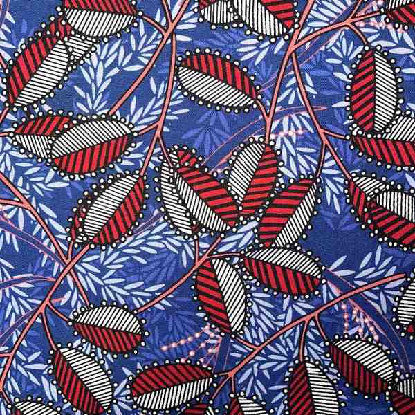 TISSU TOILE BACHETTE FEUILLES ETHNIQUES BLEU ROUGE