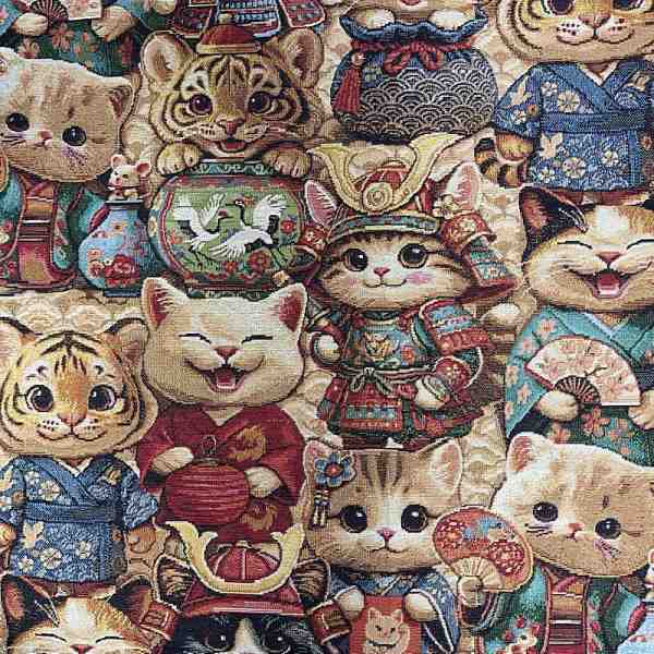 TISSU JACQUARD MOTIFS CHATS JAPONAIS MIOUKI