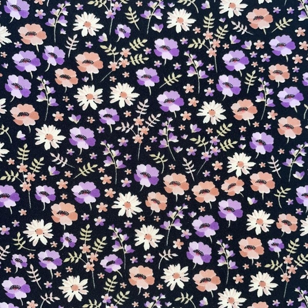 COUPON  POLYESTER FLEUR VIOLET NOIR 1M50 X 1M40