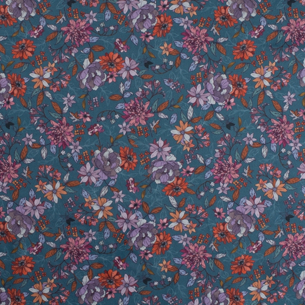 TISSU COTON VOILE DIGITAL FLEUR ORANGE BLEU 