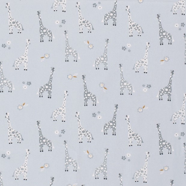 TISSU POPELINE COTON GIRAFE FOND BLEU