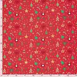 TISSU COTON NOËL ORNEMENTS FOND ROUGE