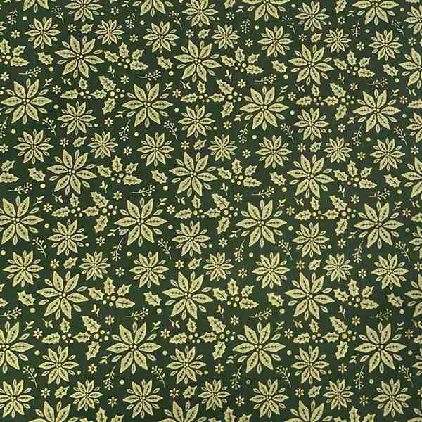 TISSU COTON  FLEURS DE NOËL OR FOND VERT