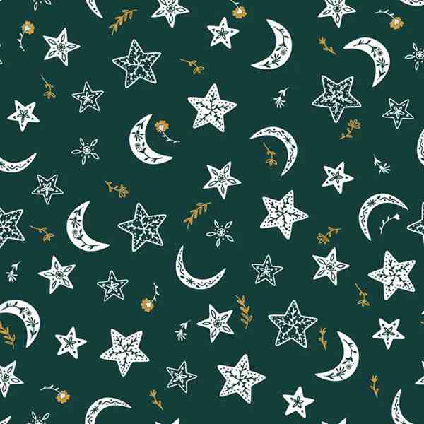 TISSU COTON ETOILE ET LUNE DE NOEL VERT BLANC OR
