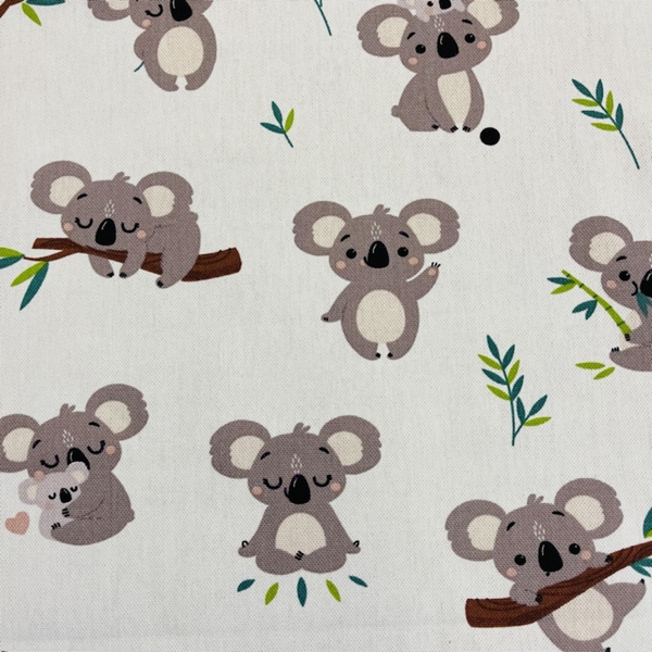 TISSU TOILE COTON KOALA TAUPE FOND BLANC