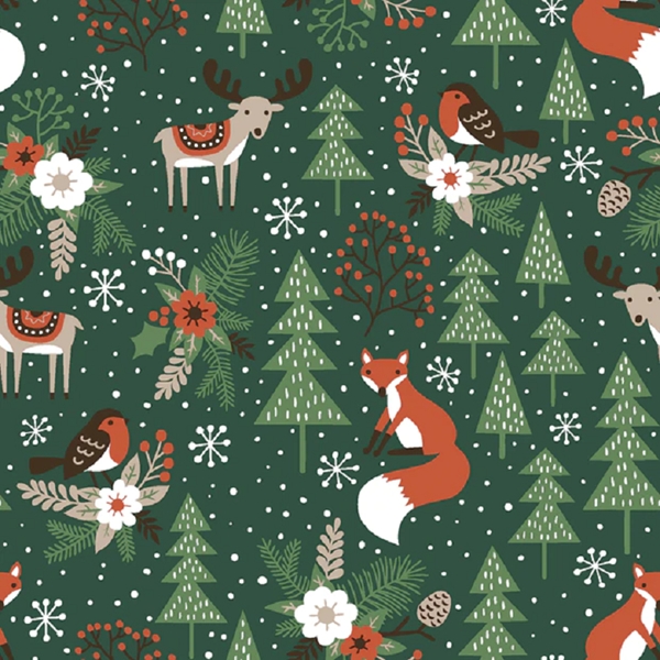 TISSU NOEL JERSEY ANIMAUX  VERT