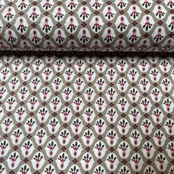 TISSU COTON IMPRIME POT DE FLEURS BEIGE