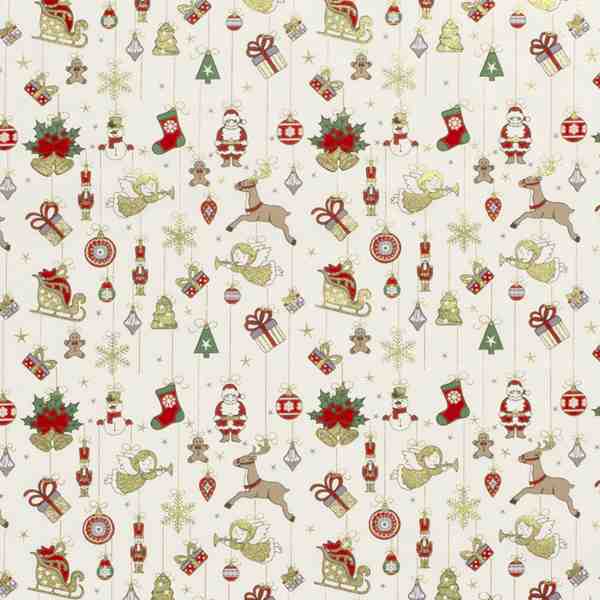 TISSU NOËL COTON ORNEMENTS SUSPENDUS FOND ÉCRU
