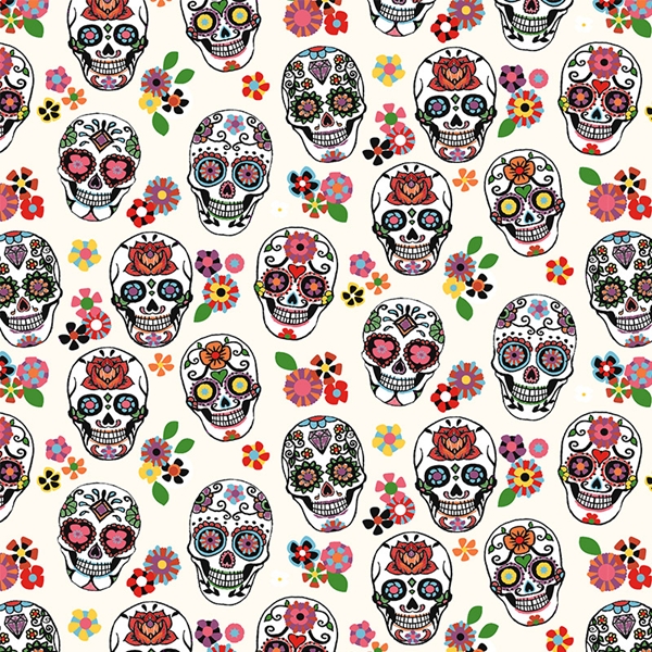 TISSU COTON CALAVERA TETE DE MORT BLANC