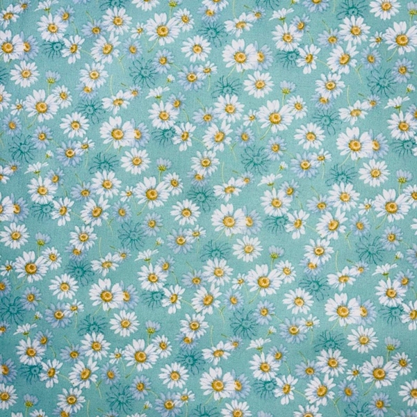 TISSU COTON MARGUERITE FOND TURQUOISE  