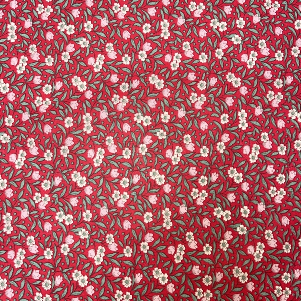 TISSU COTON FLEUR FOND ROUGE