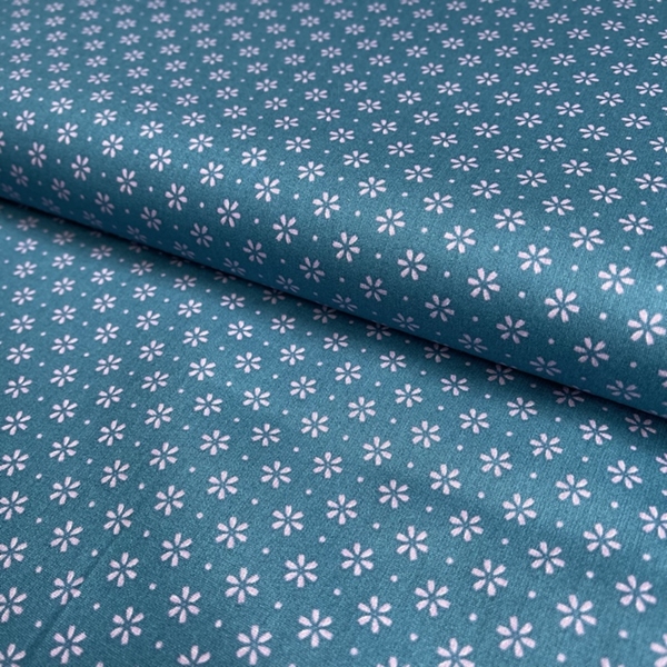 TISSU COTON IMPRIME FLEURS BLANCHES FOND PETROLE