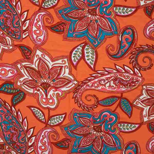 TISSU JERSEY VISCOSE FLORAL ET CACHEMIRE ORANGE