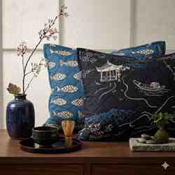 MATELASSÉ COTON ESTAMPE JAPONAISE BANC DE POISSONS