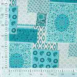 TISSU VISCOSE IMPRIMÉ PATCHWORK TURQUOISE ET BLANC