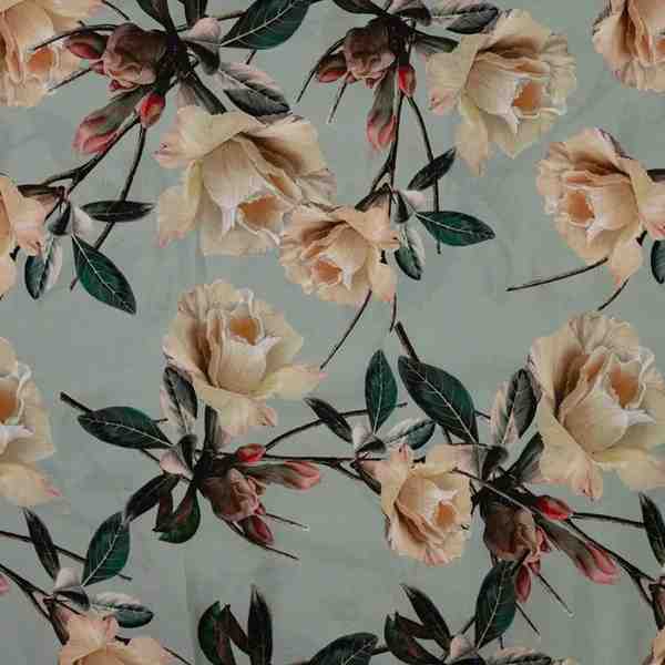 TISSU COTON LIN IMPRIMÉ FLEURS ROMANTIQUES VERT
