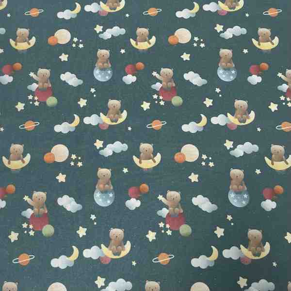TISSU COTON OURSONS ET GALAXIE – FOND BLEU PÉTROLE