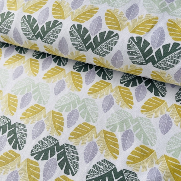 TISSU JERSEY ORGANIC FEUILLE MOUTARDE VERT MAUVE