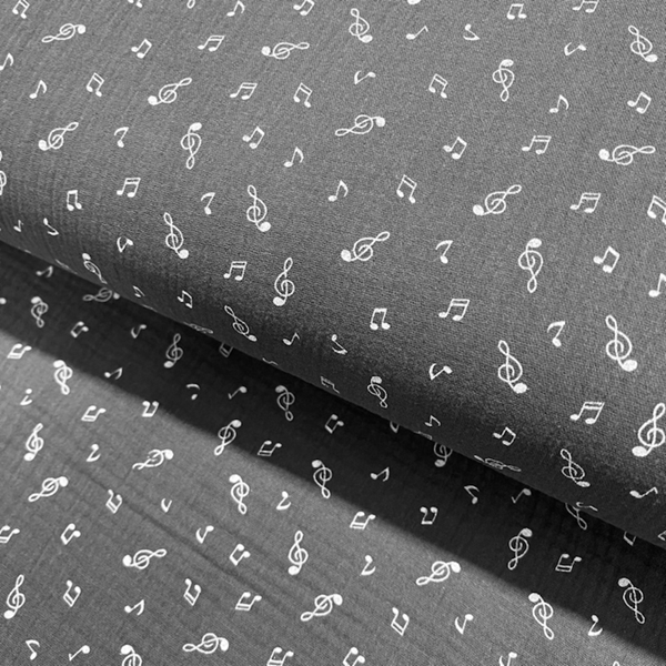 TISSU DOUBLE GAZE MUSIQUE GRIS SOURIS OEKO-TEX