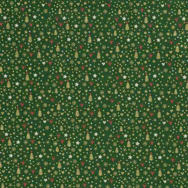 TISSU NOËL COTON DORÉS SAPINS & FLOCONS FOND VERT