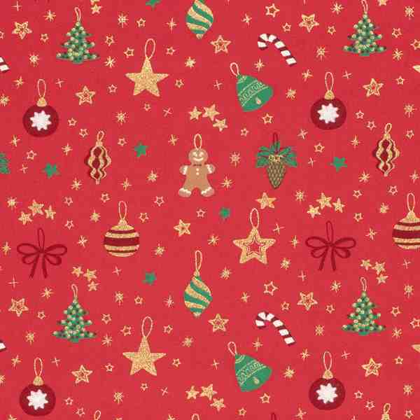 TISSU COTON NOËL ORNEMENTS FOND ROUGE