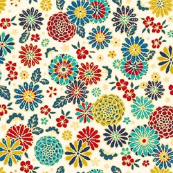 TISSU  MISAKI MEDAILLON JAPONAIS FLEURS TURQUOISE