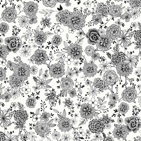 TISSU COTON FLORAL BLANC NOIR