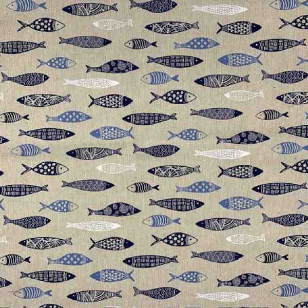 TISSU TOILE ASPECT LIN LES SARDINES BLEU