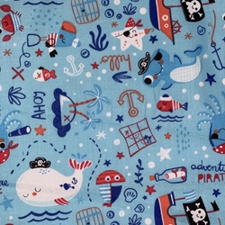 TISSU COTON AVENTURE PIRATE FOND BLEU THEME MER
